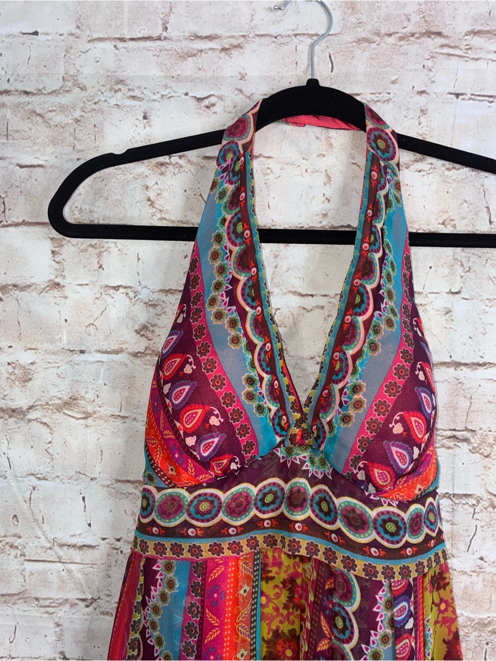Vintage Y2K Morrell Maxie Silk Bohemian Halter Maxi Dress Size 6 - Picture 2 of 8